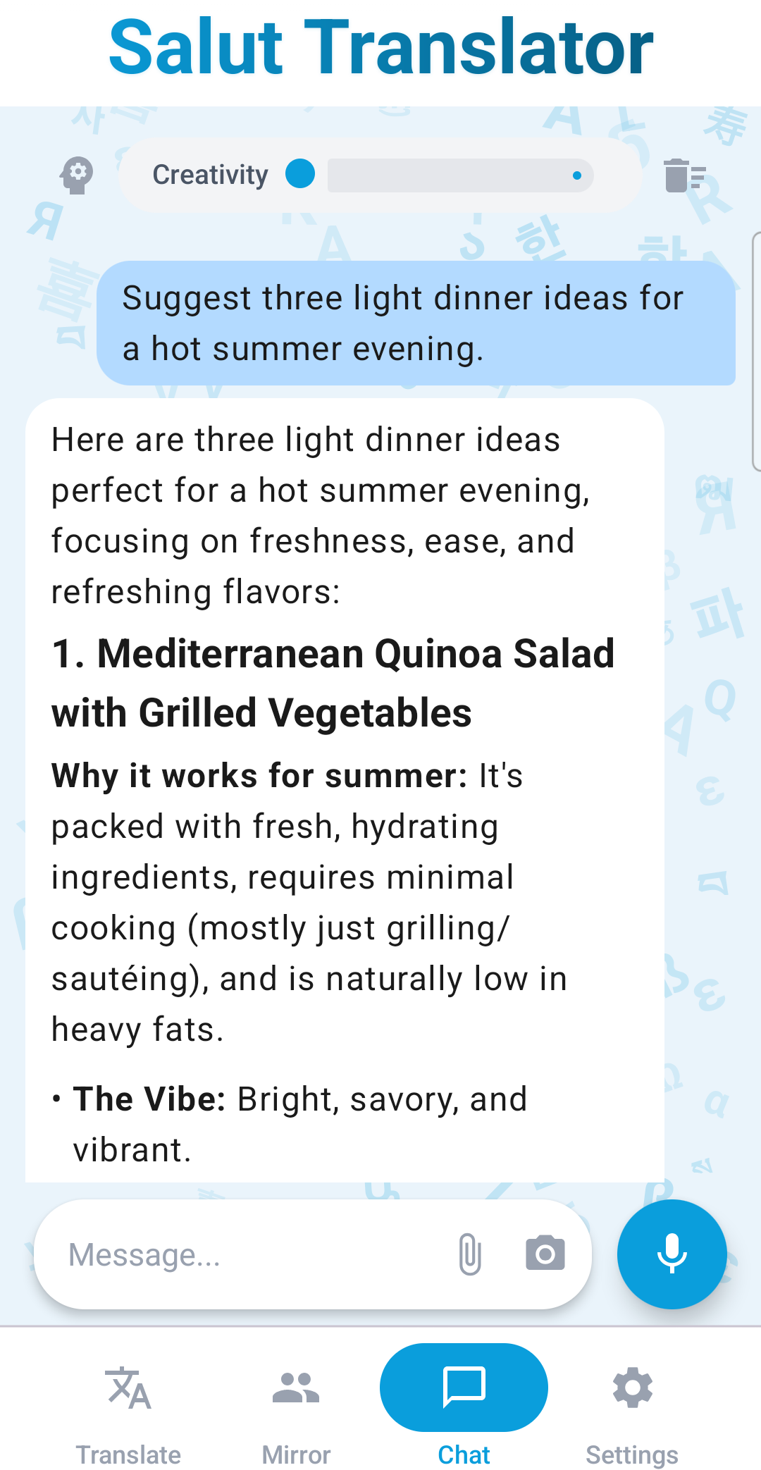 Chat screen with a streamed AI answer