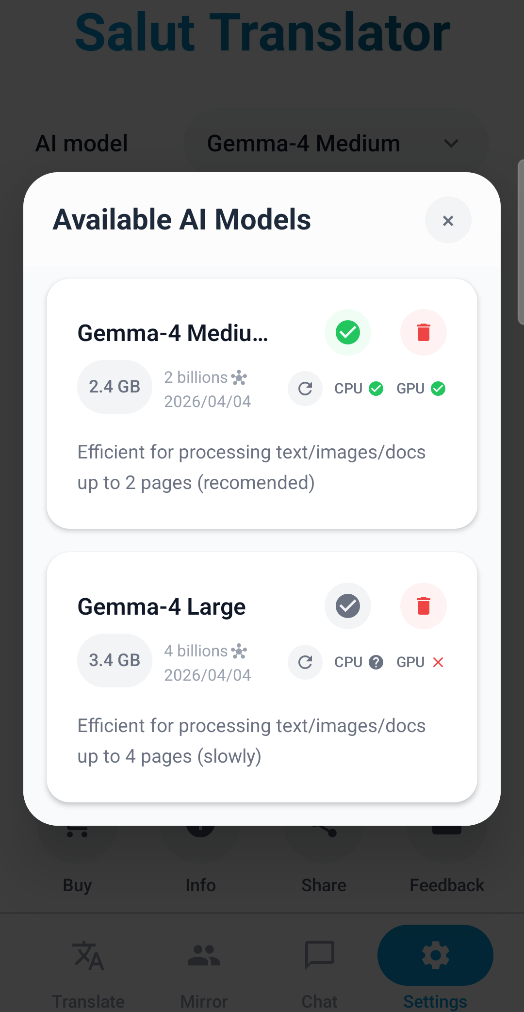 Model selection dialog with CPU and GPU compatibility tags per model