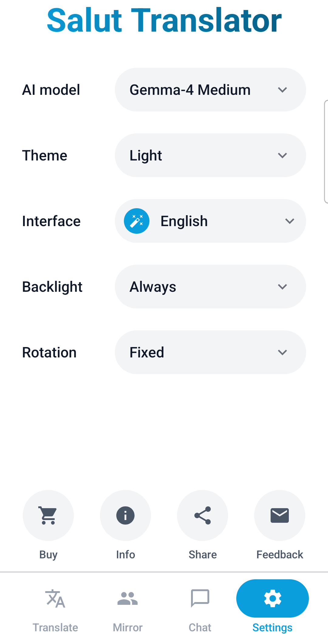 Settings screen with AI model picker